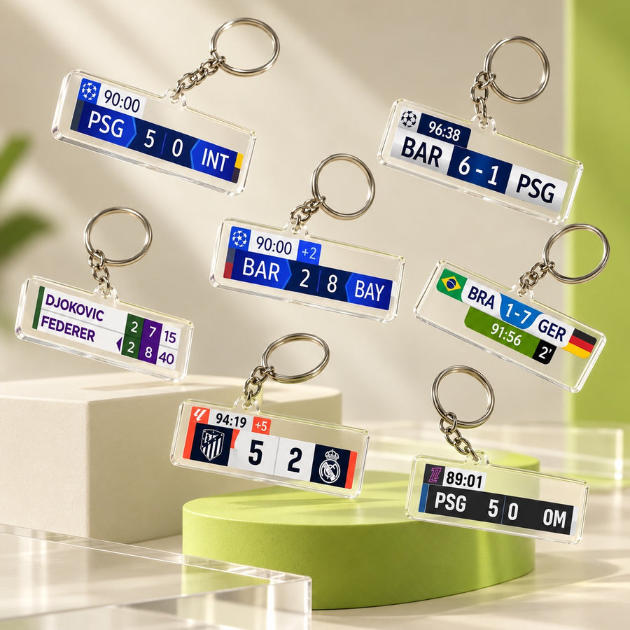 Porte-clés ScoreKeys de matchs iconiques : PSG-Inter, Barça-PSG, Barça-Bayern, Brésil-Allemagne…
